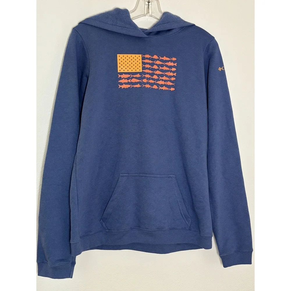 Columbia PFG Boys XL Blue Hoodie Fish Flag Graphic Pullover‎ Sweatshirt 18/20